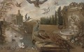 A landscaped garden with a peacock by a fountain with ducks - (after) Jan Weenix