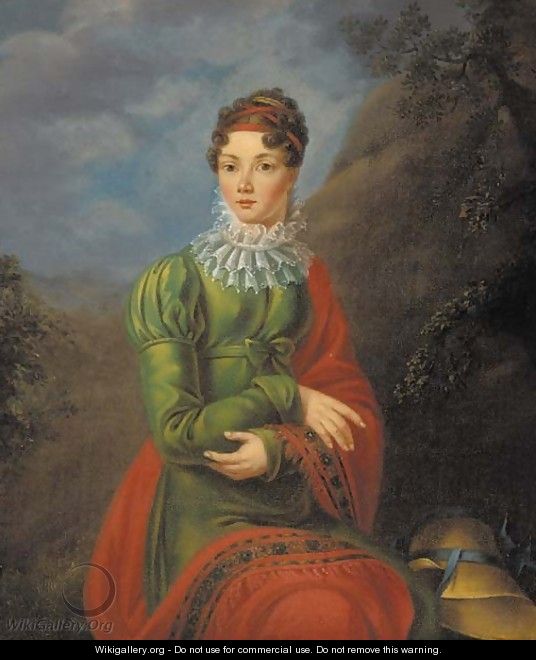Portrait of a lad in a green dress and red shawl - (after) Jean-Laurent Mosnier
