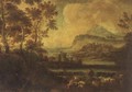 A river landscape, with a shepherd, two towns beyond - (after) Jean-Francois Millet