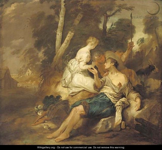 A wooded landscape with figures resting before a tree - (after) Jean Francois De Troy