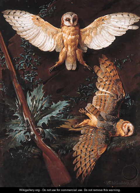Dead barn owls and a shotgun on a bank - (after) Jean-Baptiste Oudry