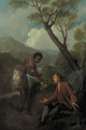 A moor servant offering fruit to a gentleman seated by a tree in a mountainous landscape - (after) Jean-Baptiste Oudry