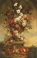 Tulips, lilies, carnations, roses and other flowers in an urn on a stone ledge, with fruit in a basket below - (after) Jean-Baptiste Monnoyer