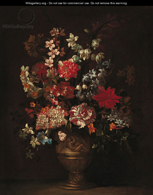 Still life of roses, carnations, narcisi and other flowers in a sculpted vase on a ledge - (after) Jean-Baptiste Monnoyer