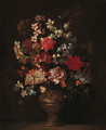Still life of roses, carnations, narcisi and other flowers in a sculpted vase on a ledge - (after) Jean-Baptiste Monnoyer