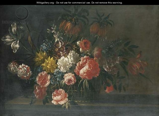 Roses, carnations, tulips and other flowers in a basket on a stone ledge - (after) Jean-Baptiste Monnoyer