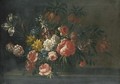 Roses, carnations, tulips and other flowers in a basket on a stone ledge - (after) Jean-Baptiste Monnoyer