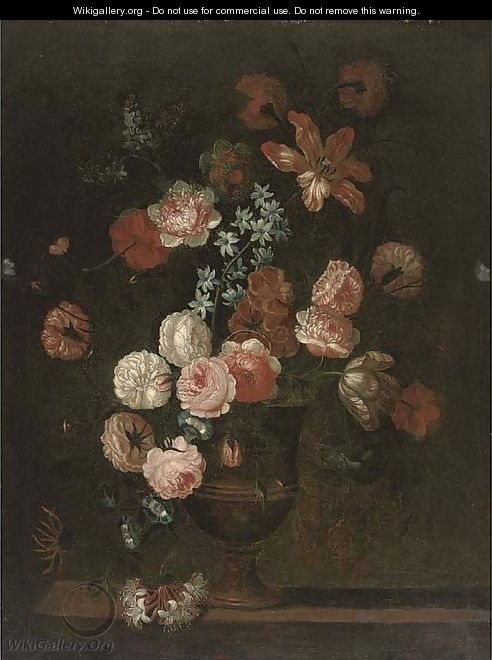 Roses, a parrot tulip, morning glory and other flowers in an urn on a ledge - (after) Jean-Baptiste Monnoyer