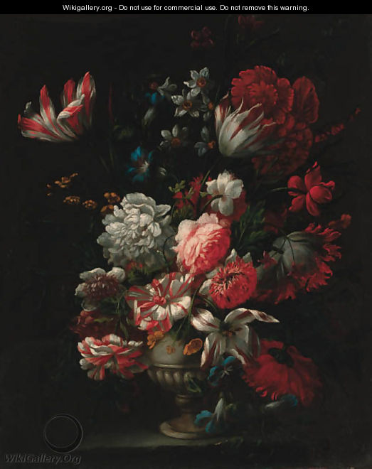 Carnations, tulips, narcisi, morning glory and other flowers in a vase on a ledge - (after) Jean-Baptiste Monnoyer