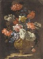 Carnations, narcissi, morning glory and peonies in a gilt vase on a ledge - (after) Jean-Baptiste Monnoyer