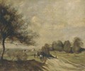 A horse and cart on a country road - (after) Jean-Baptiste-Camille Corot