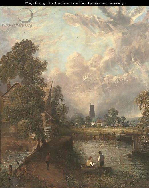 Anglers before a mill, with a church beyond - (after) Constable, John