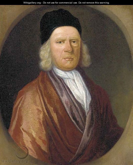 Portrait of Rev. Thomas Tooke (d.1721), bust-length, in a brown coat, white stock and black cap, feigned oval - (attr.to) Closterman, Johann