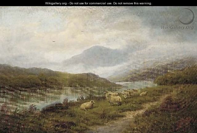 Sheep by the edge of a river in a Highland landscape - (after) John Morris