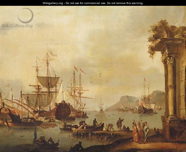 A Mediterranean harbor with merchants - (after) Johannes Lingelbach