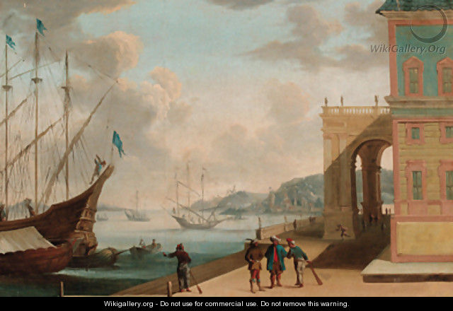 A capriccio of a Mediterranean harbour with Oriental merchants conversing on a quay - (after) Johannes Lingelbach