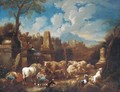 An Italianate landscape with a peasant family resting with cattle and sheep amongst ruins - (after) Johann Heinrich Roos