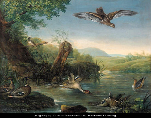 An eagle in flight watching ducks by a pool - (after) Johann Elias Ridinger Or Riedinger