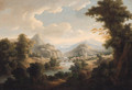 An extensive river landscape with a town by a bridge - (after) Johann Christian Vollerdt Or Vollaert