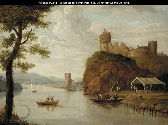 A river landscape with a ferry crossing before a hilltop castle, a town beyond - (after) Johann Christian Vollerdt Or Vollaert