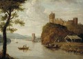 A river landscape with a ferry crossing before a hilltop castle, a town beyond - (after) Johann Christian Vollerdt Or Vollaert