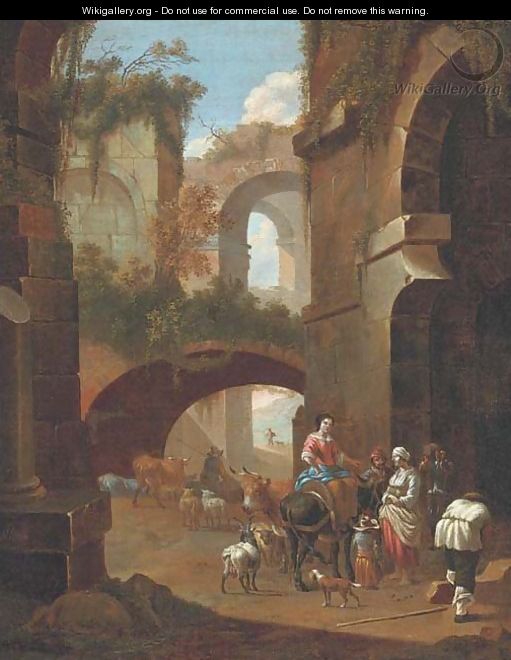 An architectural capriccio with peasants amongst ruins - (after) Johan Heinrich Roos