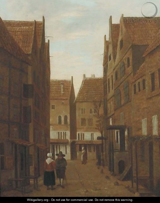 A city view with figures conversing in the street - (after) Jacobus Vrel