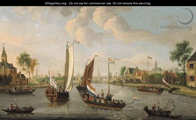 Yachts on the Buiten Amstel, Amsterdam, with the spires of the Zuider- and Oude Kerk beyond - (after) Jacobus Storck