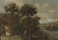 A wooded river landscape with Tobias and the Angel - (after) Jacob Pynas