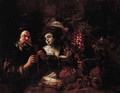 A bagpipe player and a lady by a table laden with fruit - (after) Jacob Jordaens