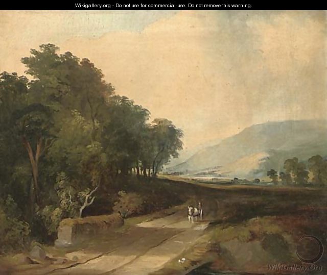A horse and cart on a track in an extensive river valley - (after) James Arthur O