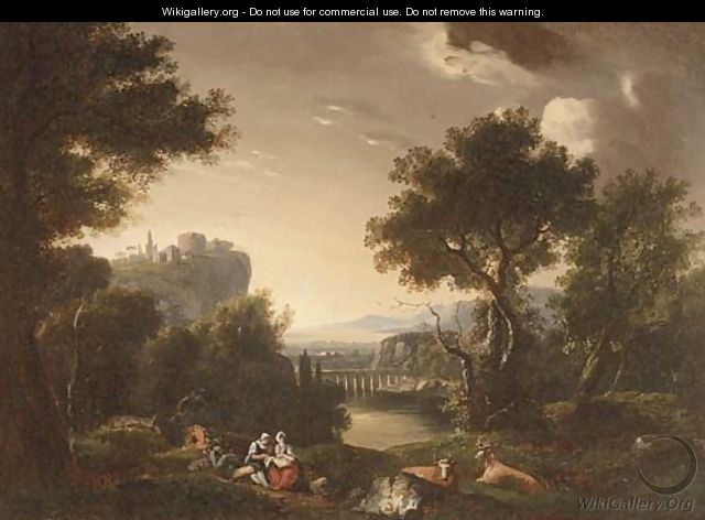 A mountainous river landscape with countryfolk at rest - (after) Jan Hackaert