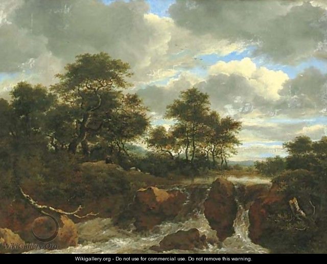 A wooded river landscape with a waterfall 2 - (after) Jacob Van Ruisdael