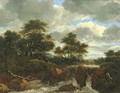 A wooded river landscape with a waterfall 2 - (after) Jacob Van Ruisdael