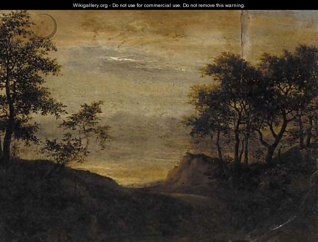 A wooded landscape with travellers on a path near a cottage - (after) Jacob Van Ruisdael