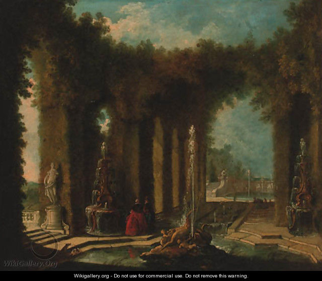 Elegant figures in an ornemental water garden - (after) Jacques De Lajoue