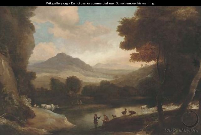 A wooded river landscape with cattle and figures resting on a bank - (after) Jacques D