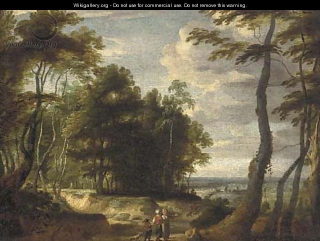 A wooded landscape landscape with peasants on a path - (after) Jacques D