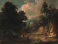 A rocky river landscape with a fisherman and a drover watering cattle - (after) Jacques D' Arthois