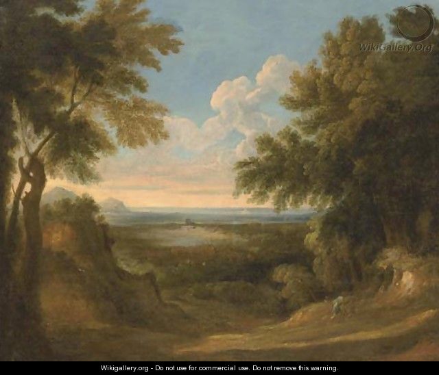 A wooded landscape with two figures in the foreground - (after) Jan Frans Van Orizzonte (see Bloemen)
