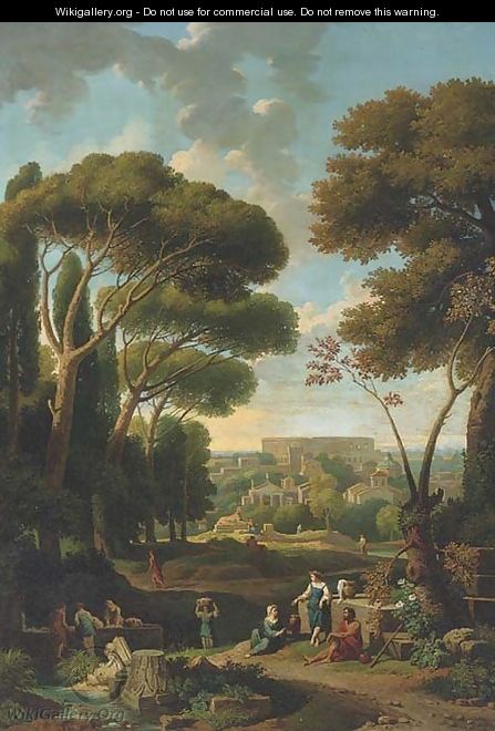 A classical landscape with a view of Rome - (after) Jan Frans Van Orizzonte (see Bloemen)