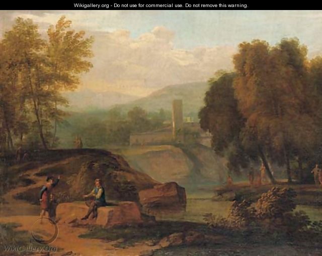 An Italianate landscape with figures conversing on the banks of a river, mountains beyond - (after) Jan Frans Van Bloemen, Called Il Orrizonte