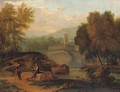 An Italianate landscape with figures conversing on the banks of a river, mountains beyond - (after) Jan Frans Van Bloemen, Called Il Orrizonte