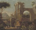 An Italianised landscape with bathers by a Classical ruin - (after) Jan Frans Van Orizzonte (see Bloemen)