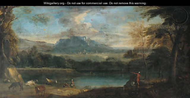 An extensive mountainous landscape with cattle by a pool - (after) Jan Frans Van Bloemen, Called Il Orrizonte