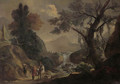 Falconers and a traveller on a path, by a torrent landscape - (after) Jan Frans Bredael
