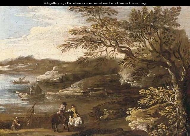 A wooded river landscape with riders on a track and fishermen beyond - (after) Jan De Momper