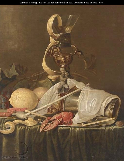 Lemons, grapes on the vine, prawns, a lobster on a pewter dish - (after) Jan Davidsz. De Heem