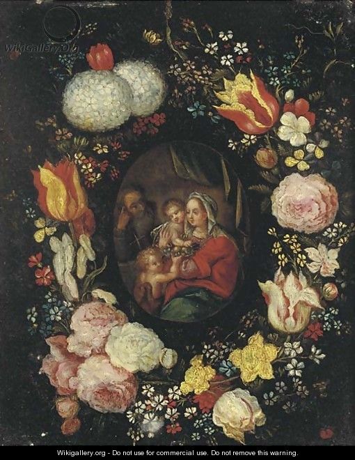 The Holy Family with the Infant Saint John the Baptist in a floral cartouche - (after) Jan, The Younger Brueghel