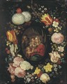 The Holy Family with the Infant Saint John the Baptist in a floral cartouche - (after) Jan, The Younger Brueghel